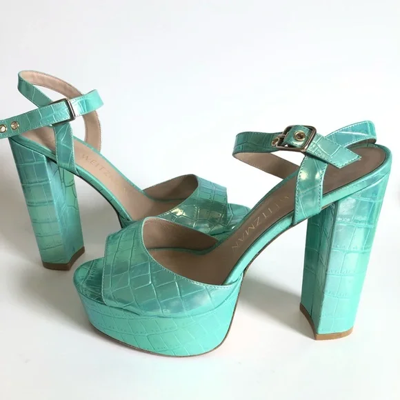 Green Capri Ice Iridescent Soft Crocodile Embossed Platform Heel Block Sandals - Picture 3 of 17